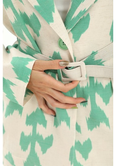 Kemerli Desenli Oversize Blazer Ceket - Yeşil-yeşil Yeşil