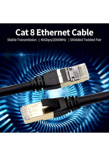 Springsun Cat8 Ethernet Kablosu 40gbps Hızlı Veri Transferi 2000mhz 26awg Oksijensiz Bakır Çift Gövde Koruma Siyah 10m