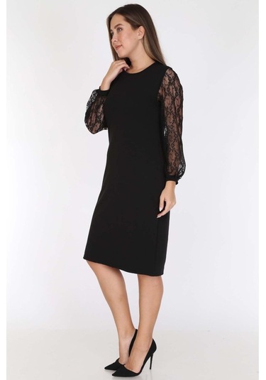 Uzun Kol Dantel Büyük Beden Elbise 21B-0780 Siyah