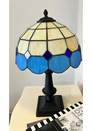 Yüceeller El Yapımı Vitray Retro Barok Abajur Masa Lambası Mavi