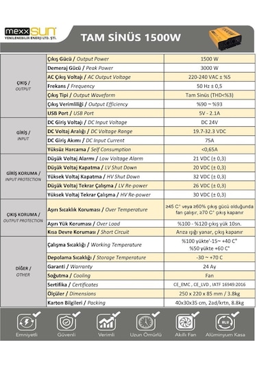 Mexxsunn 24 Volt 1500 Watt Tam Sinüs İnverter - İnvertör - 24/220 Volt Çevirici