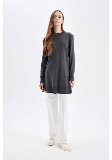 DeFacto Regular Fit Bisiklet Yaka Yırtmaçlı Basic Düz Triko Kazak Tunik H3431AZ24AUAR161 Antrasit