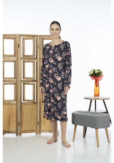 Estiva 23246-2 Üstten Düğmeli Uzun Kollu Desenli Likra Viskon Günlük Elbise 001