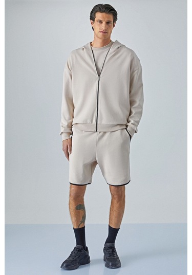 GRIMELANGE Ralf Erkek Kapüşonlu Uzun Kol Baskı Detaylı Fermuarlı Oversize Açık Gri Ceket Açık Gri