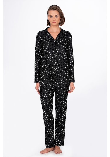 Kadın Süet Önden Düğmeli Pijama Takımı Kalpli Siyah Beyaz - Siyah