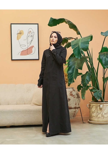 Neways 6463-denim Kapşonlu Ferace Siyah