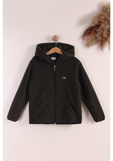 Monox Lastik Manşetli Fermuarlı Kapüşonlu Çocuk Unisex Polar Ceket Haki