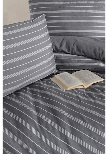 Varol Lastikli Saten Çizgili Çift Kişilik Nevresim Takım - Antrasit Antrasıt/cıftkısılık Antrasit