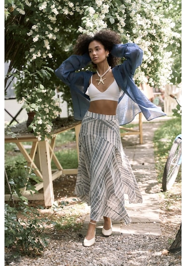 Peigi Çizgili Parçalı İndigo Midi Etek İndigo