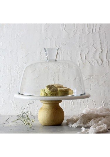 Akayev Mermer 25 CM Ahşap Ayaklı Beyaz Cam Fanus