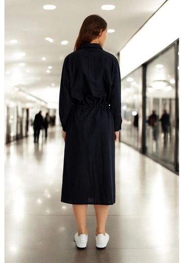 Yazlık Şık Beli Bağcık Detaylı Keten Elbise siyah