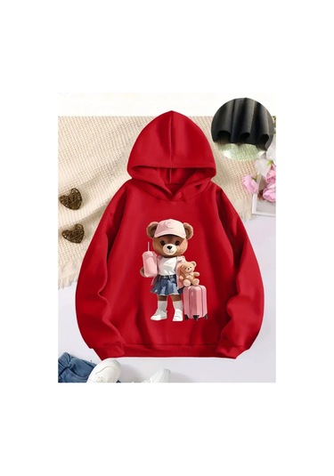 Nefes Alabilen Örme Kumaş, Karikatür Ayı & Kalp Baskılı Bol Kesim Kırmızı