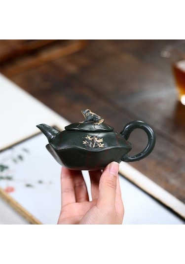 Çaydanlık El Yapımı Lotus Kurbağa Çamur Yeşil Kung Fu Su Isıtıcısı Yaratıcı Çayware Çaydanlıklar Altın - Beyaz