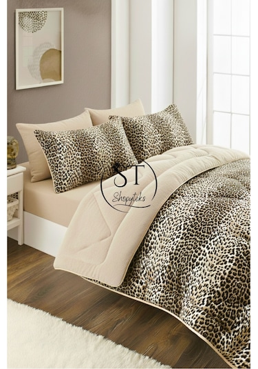 Çift Kişilik Leopar Welsoft Yorgan Çift Taraflı 195x215 Kahverengi