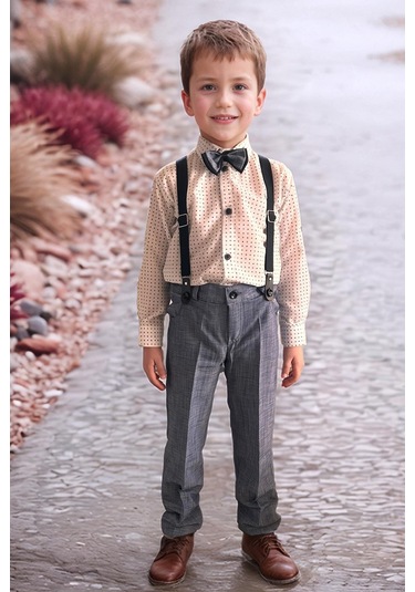 Riccotarz Erkek Bebek Desenli Gömlek, Papyon Ve Askılı Mavi Pantolon Alt Üst Takım Mavi