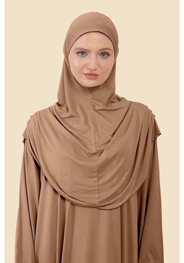 Tek Parça Tesettür Elbisesi Tak Çıkar Başörtülü Organik Pamuklu Lastikli Kolu Kaymaz Penye Kumaş Sütlü Kahverengi