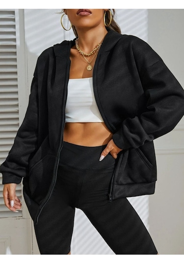Basic Düz Hırka -siyah Oversize Kapüşonlu Siyah