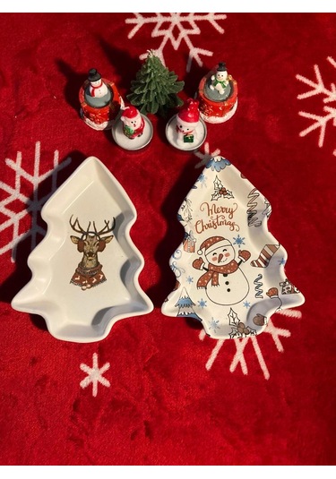 Yılbaşı Temalı 2'li Ağaç Tasarımlı Desenli Seramik Sunum Servis Tabağı 17x12 Cm Geyikli Ve Kardan Adamlı
