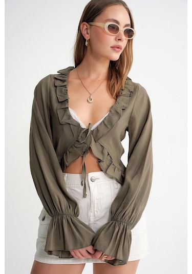 4712 Kadın Volanlı Modal Bolero Bluz Haki Haki