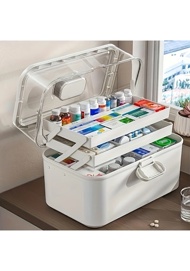 Xuweiwei 1 Adet Beyaz 3 Katlı Taşınabilir İlaç Organizer Kutusu Elle Tutma Kolu Çoklu Bölümlü Plastik Kapaklı Ev Tıbbi Depolama Kutusu Altın