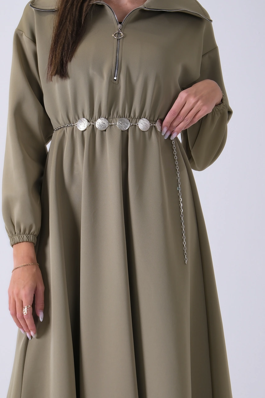 Feminist Haki Yaka Fermuar Detaylı Bel Ve Bileği Lastikli Kemerli Scuba Elbise 4593455.23 Haki