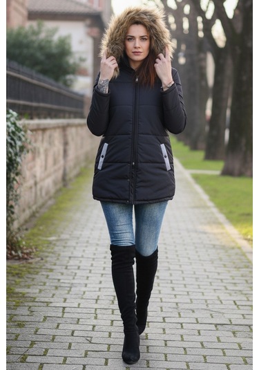 Kışlık Kapüşonu Suni Kürklü Şık Orta Boy Kadın Siyah Mont Siyah