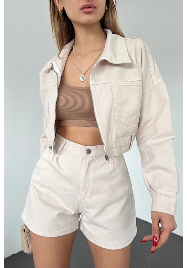 Bej Çift Cepli Fermuarlı Yıkamalı Crop Denim Ceket Bcdf-235410 Çok Renkli