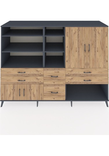 Kronos Dolap 10 Raflı 6 Çekmeceli 4 Kapaklı 220x59x163 Antrasit-ç Antrasit-çam