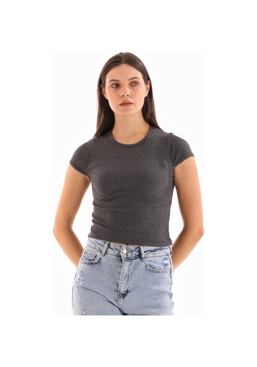 Kadın Likralı Kısa Kol Crop Bluz Antrasit