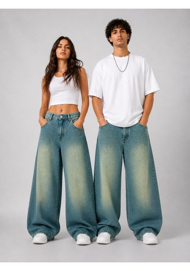 St.poll Eskitme Yeşil Efekt Vintage Yıkama Unisex Baggy Jeans Pantolon Mavi Yeşil