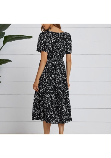 Yaz Aşk Desen Nokta Baskı Elbise Kadın Rahat A-line Kısa Kollu Kare Yaka Ruffles Orta Uzun Şifon Kırmızı Siyah Mavi Yeşil S-xl Kırmızı