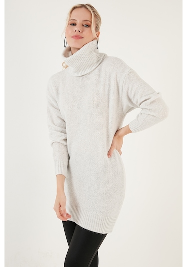 Lela Balıkçı Yaka Örme Uzun Bayan Kazak 4615018 Açık Gri