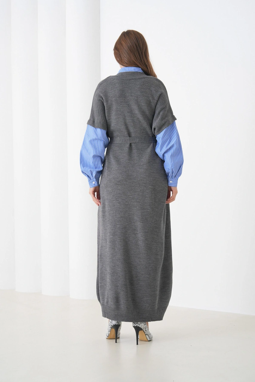 Kadın Uzun Kol Gömlek Yaka İçi Gömlekli Triko Kuşaklı Triko Spor Şık Elbise Gri