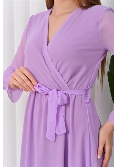 Kadın Kuşaklı Uzun Şifon Elbise Dpkts003 Lila