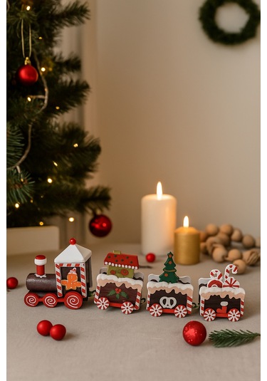 4 Parça Yılbaşı Treni Seti 21 Cm - Ahşap Dekoratif Mini Tren Figürü Masa Üstü Ve Ev Dekorasyonu Diğer
