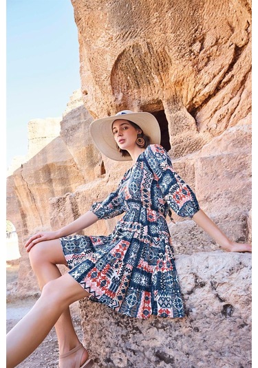 Monamise Kadın Etnik Desenli Truvakar Kollu V Yaka Elbise 23064