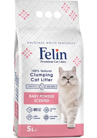 Felin Bebek Pudrası Kokulu Bentonit Topaklaşan Kedi Kumu 5 L
