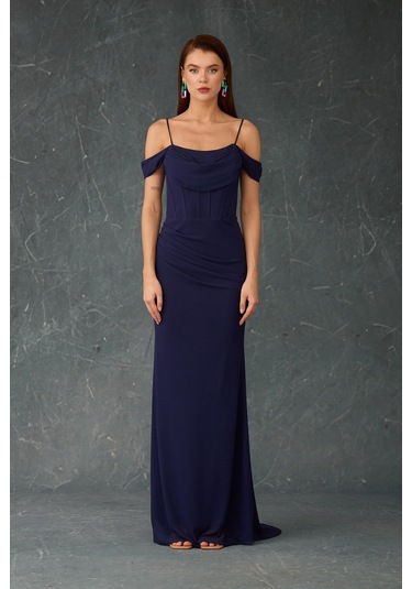 Carmen Kadın Askılı Uzun Şifon Abiye Elbise 58464 Lacivert Lacivert
