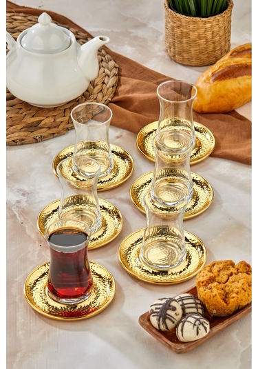 Cooker 6'lı Metal Dövme Desen Çay Tabağı Gold Ckr3577 Gold