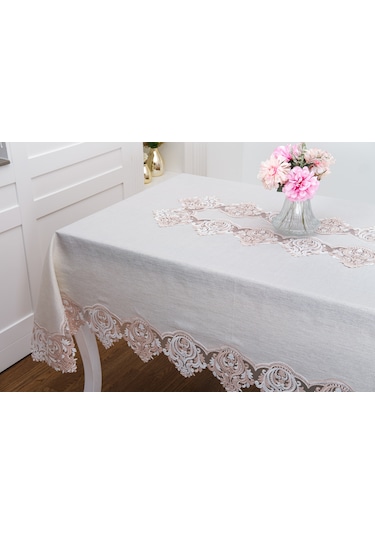 Finezza Laura Lüx Dantelli Simli Keten Kumaş Bej Masa Örtüsü  160x220 cm-1474