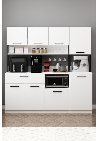 Ervin Kahve Köşesi 3 Kapaklı Boy Dolaplı Airfry Kiler Dolabı Beyaz Beyaz