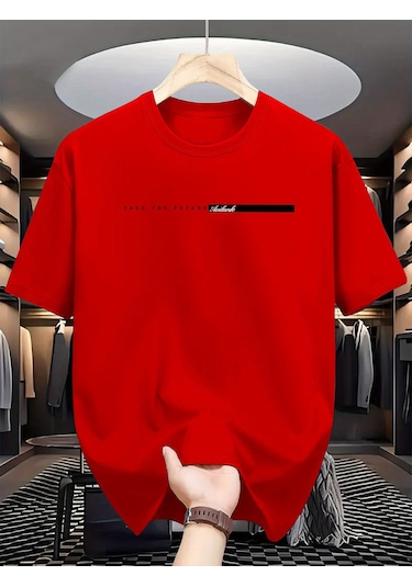 Unisex Face The Future Baskılı Oversize Tshirt Kırmızı