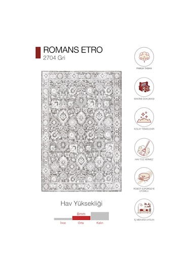 Enti Etro 2704 Vintage Makine Halısı - Robot Süpürge Uyumlu Dikdörtgen Halı Gri