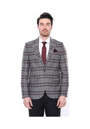 Ekose Desenli Slim Fit Bordo Erkek Ceket 001