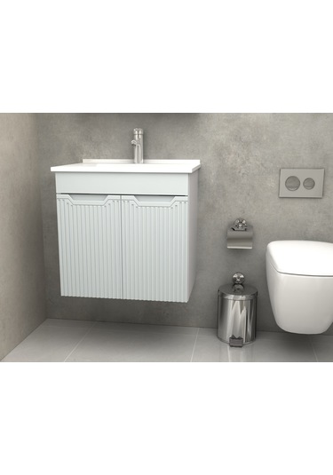 Banyo Dolabı Aynalı Cnc İşlemeli Membran Kapaklı 65 Cm Gri