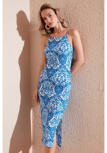 Lela Ip Askılı Fitted-Vücuda Oturan Yırtmaçlı Midi Bayan Elbise 5865573 Mavi