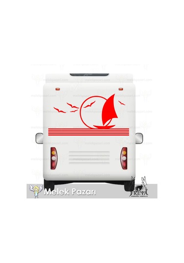 90X46 cm-Martılar ve Yelkenli Karavan Sticker. Karavan Çıkartma