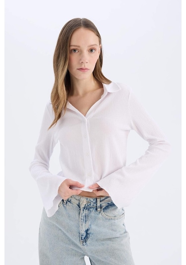DeFacto 	Coool Fitted Basic Düz Düğmeli Uzun Kollu Crop Beyaz Gömlek A0012AX25SPWT34