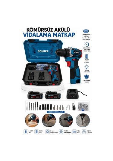Böhrer BXY006 Pro 12V 2AH Demir Mandren Çift Akülü Darbeli Vidalama Matkap