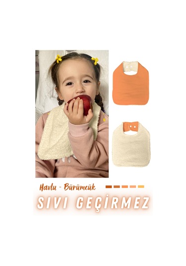 Pamuklu Sıvı Geçirmez Mama Önlüğü Bürümcük-havlu Çift Yönlü K-bej Bej - Kiremit